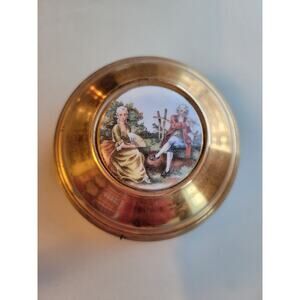 Vintage Brass Music Powder Box With Colonial Couple In Porcelain Wind Up 1940s